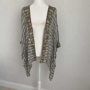 Soft Surroundings Womens L/XL Brown Kimono Sheer Cardigan Biege Stripes Beaded